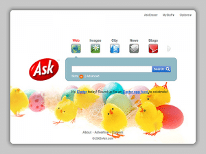 The website Ask.com Easter look. The search box is visible surrounded by little chicks and colorful eggs