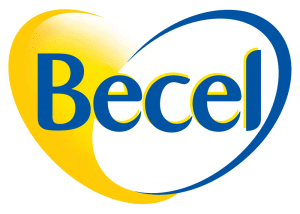 Logos with hearts second example is Becel. A yellow half of the heart and a blue font.