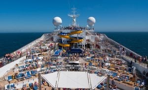 Cruise ship full of sun chairs on the deck 