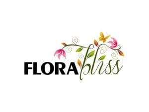 Flora bliss logo for the landscaping industry. A black font with colorful flowers for the word bliss. Decorative font for the second half of the font.