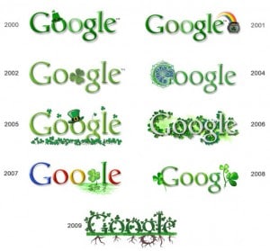 Nine different St Patricks Day logos for Google. The holiday look has changed over the years. 