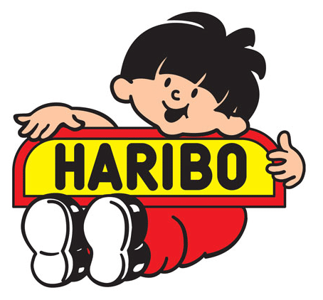 Haribo is a logo beginning with the letter H. A little boy holding a sign up with the company's name. Colorful in red, black and yellow. 