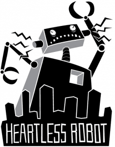 Funny robot logo design for Heartless Robot. All in black and a cute character