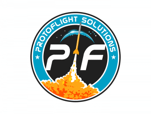 Effective graphic design for Protoflight Solutions. Inside the circle is where everything comes together. The plane spits out flames on a dark night with a blue circle inside the big circle 