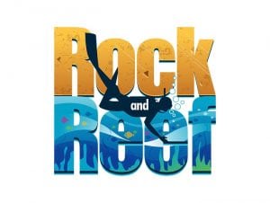 Rock and Reef blue and orange leisure logo with a diver in the middle of the words