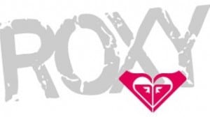 Roxy's logo in vintage font and a heart shaped by a pair of hands. 