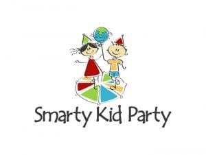 Smarty Kids Party is a logo that is marketing to parents and kids. Playful kids on a circle with many different colors