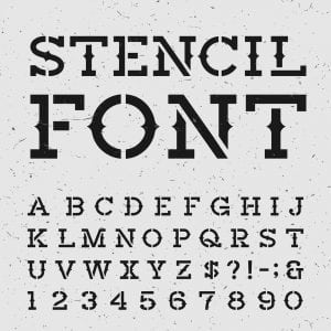 Stencil fonts example. All the letters are on display. 