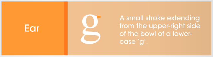 Ear - A small stroke extending from the upper-right side of the bowl of a lower-case "g"