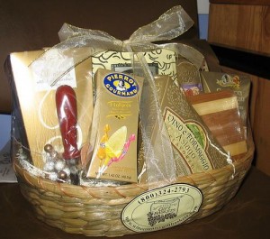 Basket full of goodies, food, chocolates. Give away to brand your homebuilders business