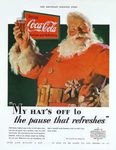Coca-cola and the famous red Santa calls. The power of color, in this case red is easy to spot as it stands for power, dominance and strength in this case but not in all cultures. 