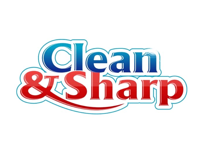 Shiny logo design style for Clean & Sharp. The blue and the red font is memorable and eye-catching. 
