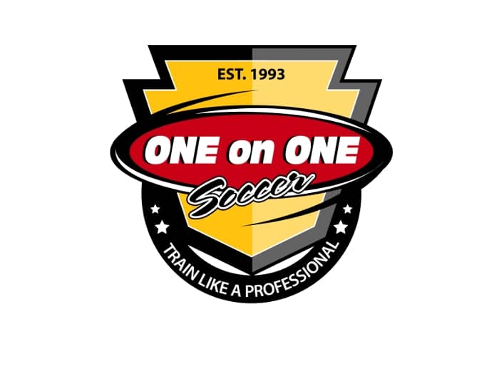 One on One Soccer is an illustrative logo design style, in the shape of a badge. Almost vintage like in red, black and yellow. 