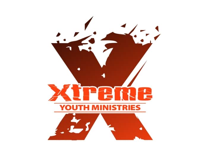 Xtreme Youth ministries text style logo in the shape of an X that is breaking a part at the top. Reed powerful style of logo