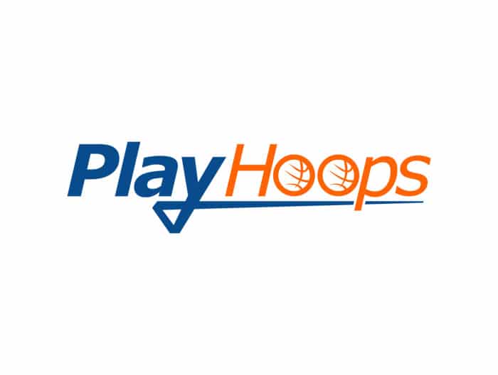 Play Hoops logo design styles. Simple but energetic. Play is all in blue with the "Y" tail underlining the Hoops, which is all in orange.