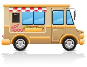 A yellow cartoon looking food truck with a food truck logo in the shape of a hot dog. 