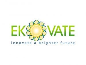 Ekovate. The "O" is the shape of a sun. Environmental companies innovate for a brighter future. 