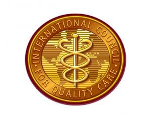 A gold and brown circular logo design to brand for better medical care in the world 