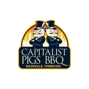 Capitalist Pigs BBQ. A memorable cute custom logo design with two pigs with their backs to one another