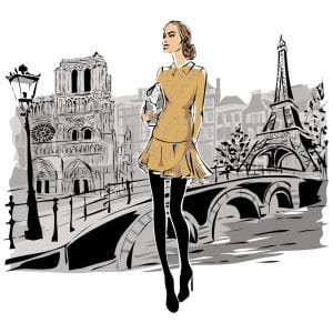 A woman walking in the streets of Paris. An illustration. The woman looks like she is on a cat walk for the fashion industry