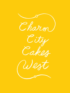 Charm City Cakes West an all yellow and white rectangle with decorative font 