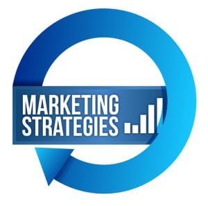 A blue circle showing an arrow pointing toward the text marketing strategies, in this case symbolizing marketing for the aviation industry 