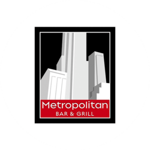 Metropolitan Bar & Grill logo design is a skyscraper in white with a black background and a red banner. A good way to create a brand is to start with a business idea and a logo