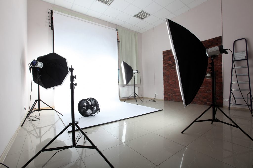 A studio set up with lighting. Marketing your photography studio 