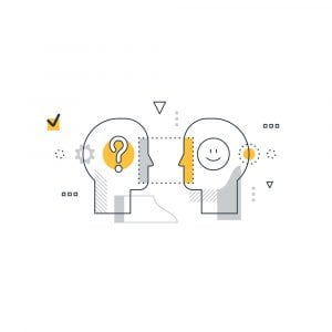 Two heads interacting with each other. One head with a question mark and one with a smile. Branding and marketing for the human brain is complex.