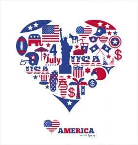 Patriotic branding in the shape of a love heart. The colors are blue, red and white and all the the patriotic symbols of USA are present inside of the heart.