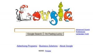 Google uses flexible brand names in their search engine logo. Here every works is illustrated by a children's book " A cat In an a hat"