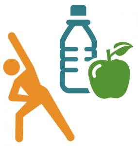 A wellness website needs to include some healthy symbols like this stretching person, an apple and a bottle of water