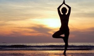 Websites for wellness centres like yoga usually have a person doing some yoga moves like this very pretty beach where a person is doing tree sign. 