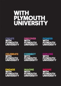 A black page showing Plymouth University's flexible brand names in different colors but all recognizable as their logo and brand