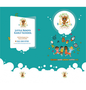 Marketing design services for Little Roots childrens academy. Attractive and memorable design in green with little children underneath a growing tree.