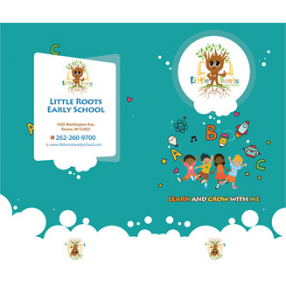 Marketing design services for Little Roots childrens academy. Attractive and memorable design in green with little children underneath a growing tree.