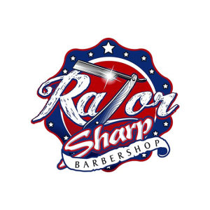 A really business like image also in blue and red made for Razor Sharp Barber Shop, Patriotic colors in red, white and blue.
