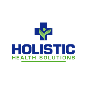 Medical logo for Holistic Health solutions. A traditional blue cross with a green leaf inside to symbolise holistic.