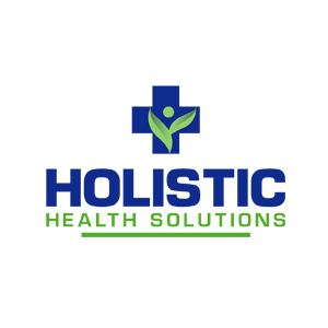 Medical logo for Holistic Health solutions. A traditional blue cross with a green leaf inside to symbolise holistic.