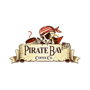 Pirate Bay affiliate logo design. Character logo holding a cup of coffee