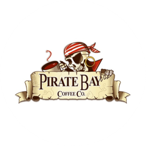 Pirate Bay affiliate logo design. Character logo holding a cup of coffee