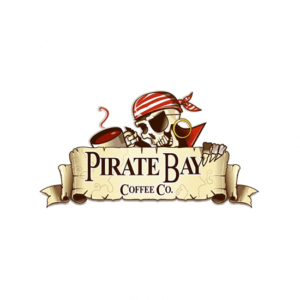 Cartoon logo design with a friendly looking pirate for Pirate Bay Coffee Co. A very memorable loo design by TLC. I can see it on coffee cups.