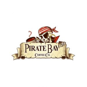 Cartoon logo design with a friendly looking pirate for Pirate Bay Coffee Co. A very memorable loo design by TLC. I can see it on coffee cups.
