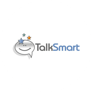 Grey internet logo design for Talk Smart. A character with a big head and a few stars above it.