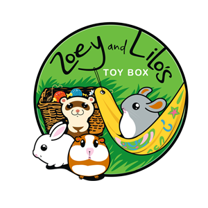 This kids logo is just adorable with four animal characters sitting on green grass and with a toy box in the background