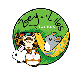 This kids logo is just adorable with four animal characters sitting on green grass and with a toy box in the background