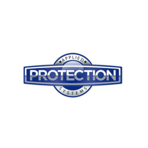 Applied Protection logo in the shape of a badge. Blue and silver grey.