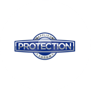 Applied Protection logo in the shape of a badge. Blue and silver grey.