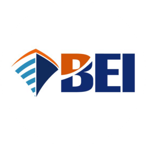 BEI logo has the shape of a boat in blue and orange. The B also has the same 2 colors.