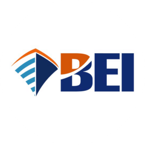 BEI logo has the shape of a boat in blue and orange. The B also has the same 2 colors.